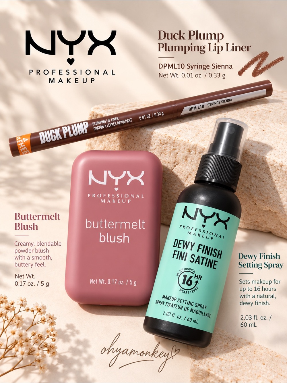 NYX Bundle - Duck Plump Lip Liner Buttermelt Blush & Dewy Finish Setting Spray